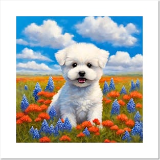 Bichon Frise Puppy in Texas Wildflower Field Posters and Art